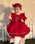 Kids Fitt Girls Red Hand Embroidered Khaddar 3 Piece Frock Set – Trousers & Bow Headband