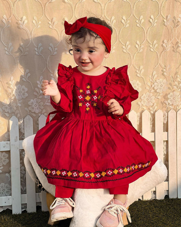 Kids Fitt Girls Red Hand Embroidered Khaddar 3 Piece Frock Set – Trousers & Bow Headband