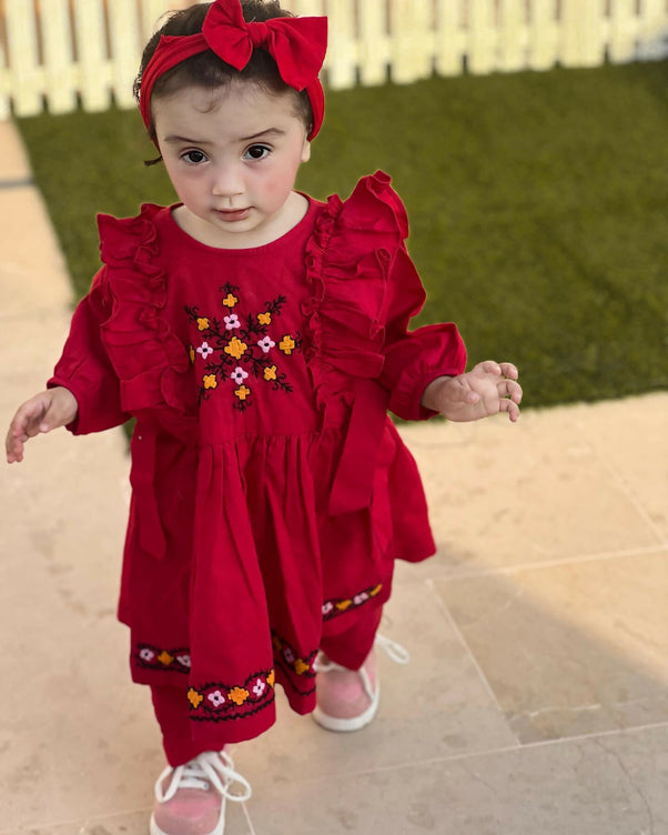 Kids Fitt Girls Red Hand Embroidered Khaddar 3 Piece Frock Set – Trousers & Bow Headband