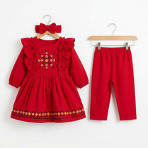 Kids Fitt Girls Red Hand Embroidered Khaddar 3 Piece Frock Set – Trousers & Bow Headband