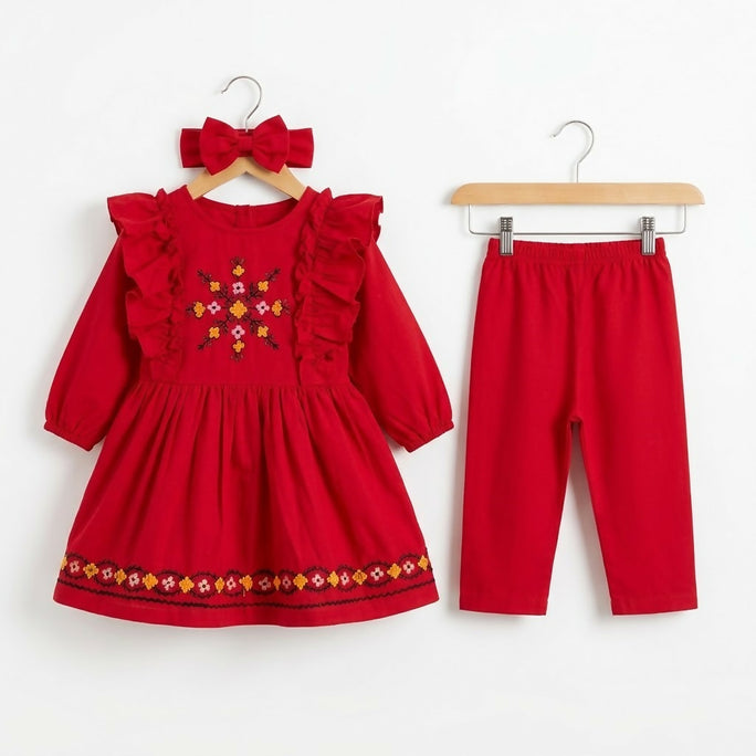 Kids Fitt Girls Red Hand Embroidered Khaddar 3 Piece Frock Set – Trousers & Bow Headband