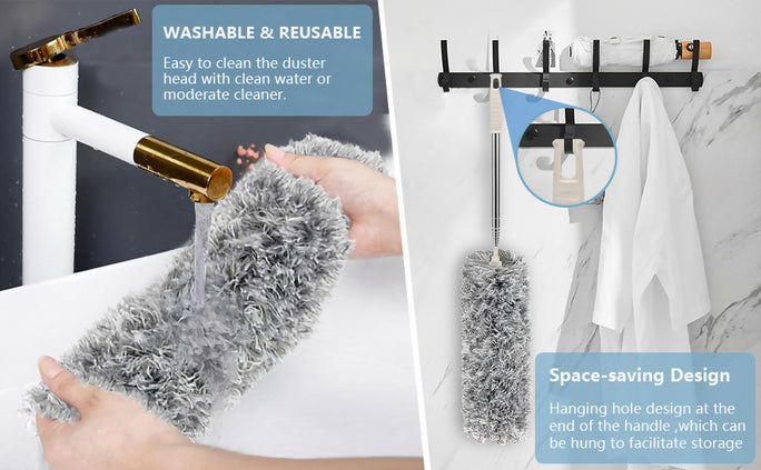 Microfiber Duster with Extension Pole Stainless Steel 30 to 100 with Bendable Head Extendable Long Fan Duster for Cleaning Ceiling Fan High Ceiling Keyboard Furniture Cars Gray