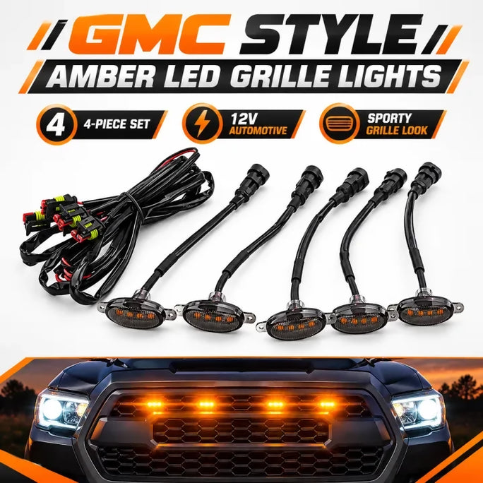 GMC Style LED Grille Lights 4 Piece Set – Amber Front Grill Marker Lights for Car & Pickup