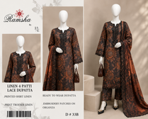Midnight Ember – Premium Printed Linen 3-Piece Unstitched Suit with 4-Patti Lace Dupatta