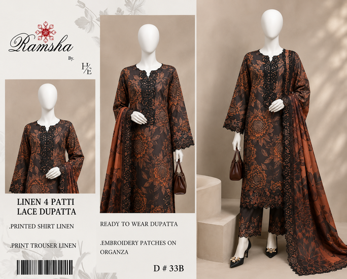 Midnight Ember – Premium Printed Linen 3-Piece Unstitched Suit with 4-Patti Lace Dupatta