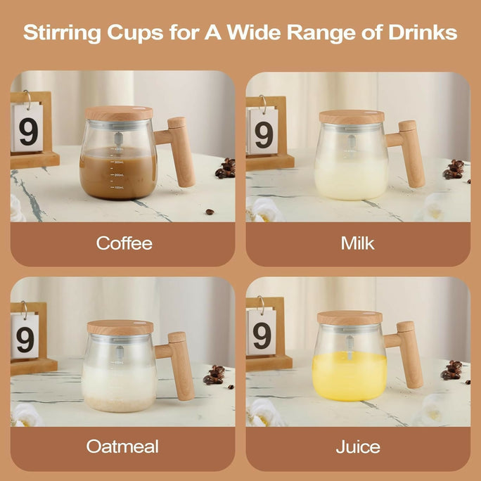 Wooden Design Automatic Self-Stirring Coffee Mug – One Click Electric Mixing Glass Cup