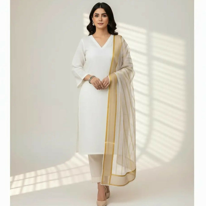 3 Pieces Unstitched Katan Silk Plain Shirt & Trouser With Organza Lining Dupatta For Womens & Girls