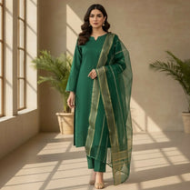 3 Pieces Unstitched Katan Silk Plain Shirt & Trouser With Organza Lining Dupatta For Womens & Girls