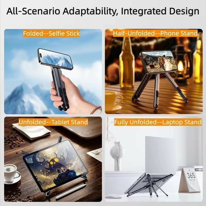 SX-L01 4-in-1 Magnetic Foldable Laptop Stand & Mobile Phone Holder | Aluminum Alloy Adjustable Phone Tablet Laptop Holder | Portable Ergonomic Desk Stand & Setup for Travel & Remote Work