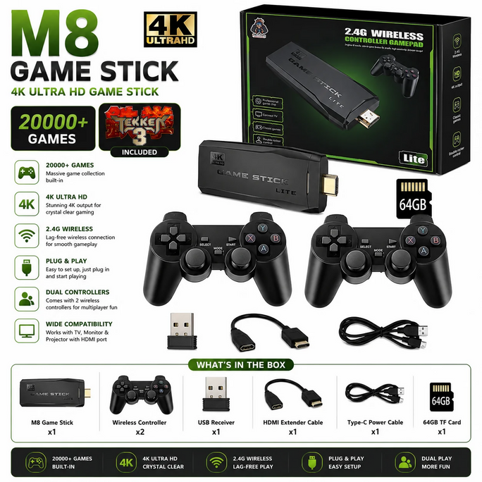 M8 Retro Game Stick with 2 Wireless Controller 20,000+ Games