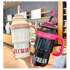 Stainless Steel Cute Ice Cream Tumbler Water Bottle With Straw And Handle 1000ml
