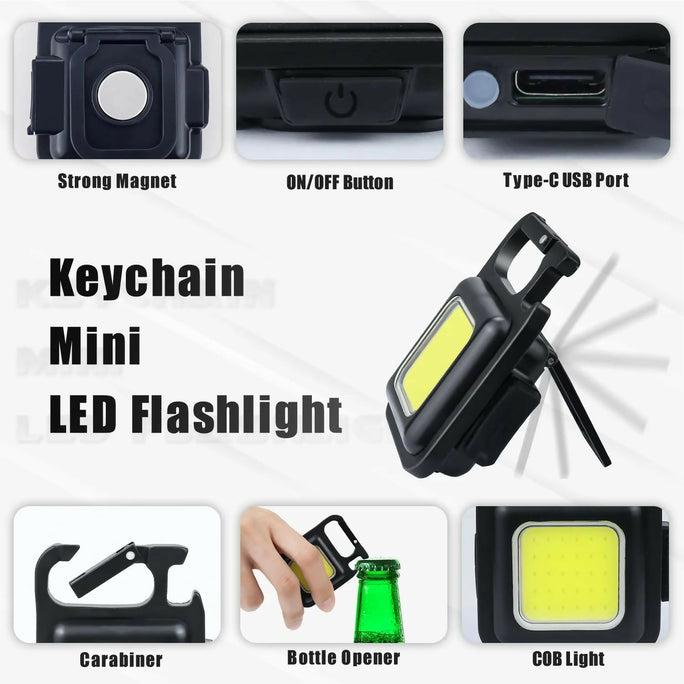 Pocket Flashlight Mini Keychains Work Light New Portable USB LED Rechargeable Outdoor Camping Corkscrew