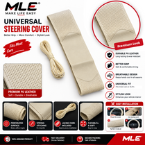Steering Cover For Car - Universal Stitch-On Steering Wheel Cover - Soft PU Leather, Perforated Grip, Beige Color, Easy Installation Kit Included