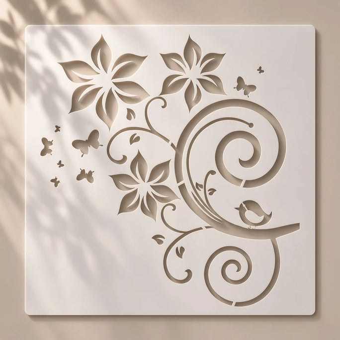 Casvena Vine Flower Butterfly Reusable Stencil for Wall, Wood & Fabric Painting