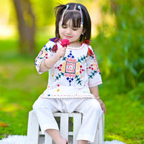 Kids Fitt Girls White Hand Embroidered Khaddar 2 Piece Suit – Straight Trousers