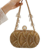 Hand Beaded Oval Evening Clutch Bag for Women - Pearl Top Clasp with Detachable Chain Strap