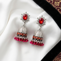 Oxidized Silver Red Stone Jhumka
