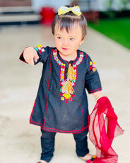 Kids Fitt Girls Black Hand Embroidered Khaddar 2 Piece Suit – Straight Trousers