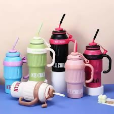 Stainless Steel Cute Ice Cream Tumbler Water Bottle With Straw And Handle 1000ml
