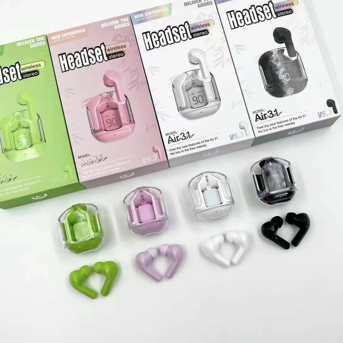 Air31 earbuds With SILICON POUCH wireless crystal Transparent and Bluetooth Air 31Type C