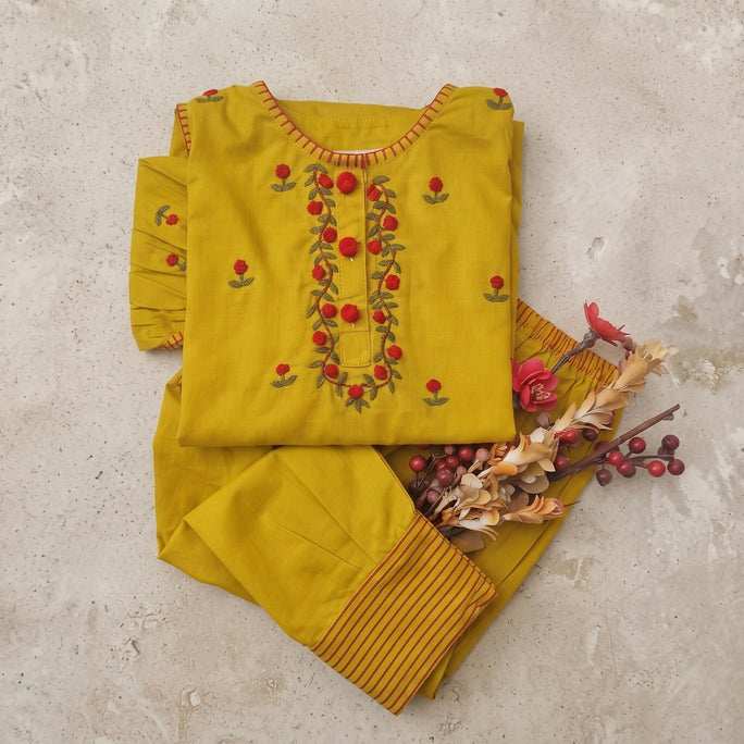 Kids Fitt Girls Mustard Yellow Hand Embroidered Khaddar 2 Piece Suit – Farshi Shalwar