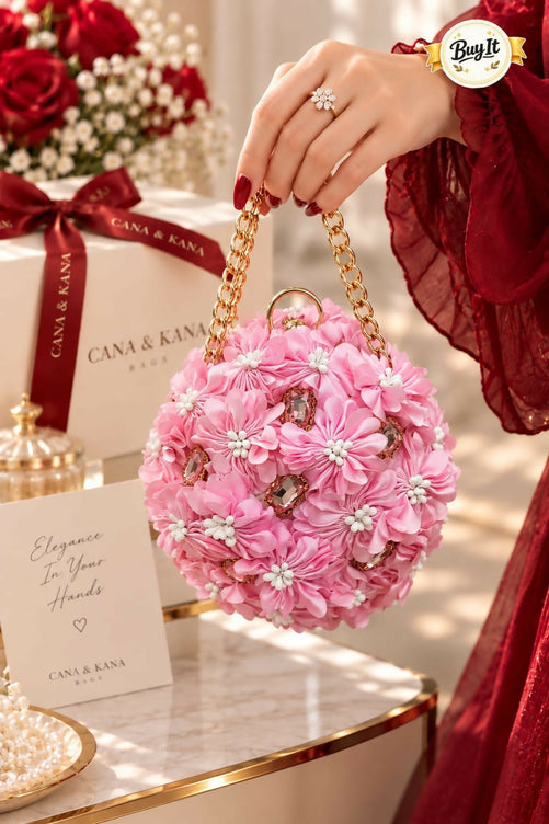 Trendy Floral Potli Style Round Evening Bag for Women - Elegant Wedding & Party Wear Embellished Handbag